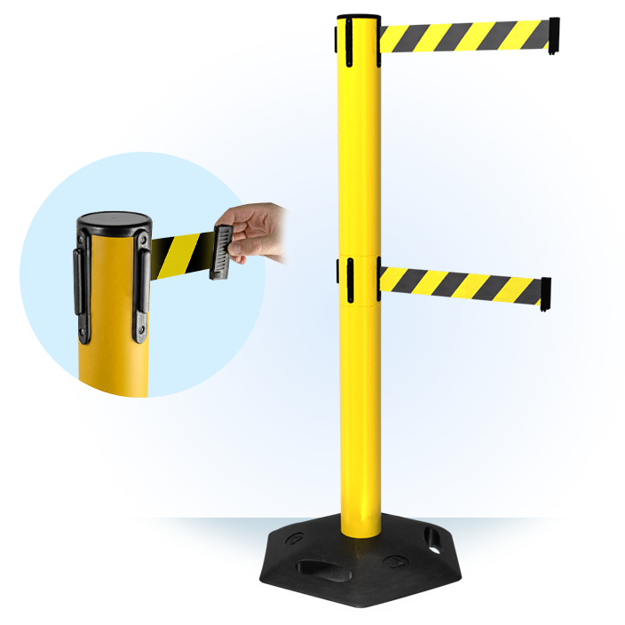 Yellow WeatherMaster 300 Retractable Belt Barrier with Twin Belts