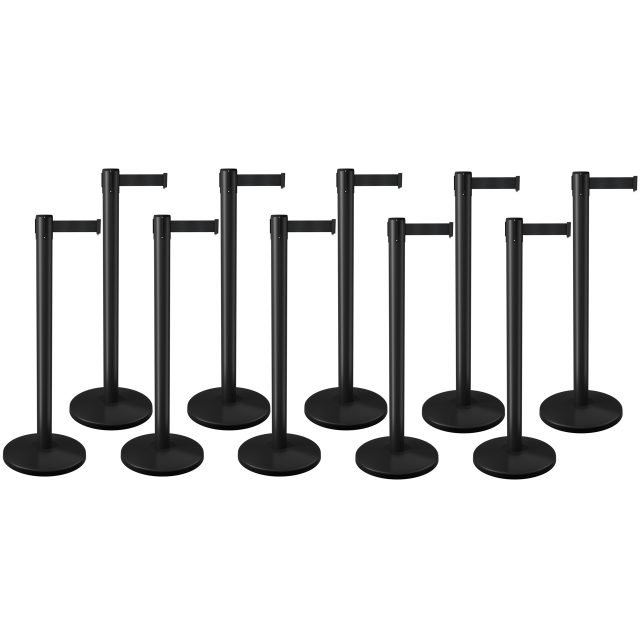 Set of 10 Black Retractable Belt Berriers Belt Barrier 10 Pack