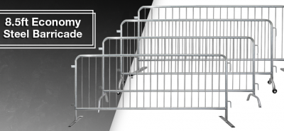 8.5ft economy steel barricade blog banner. Includes flat, roller, bridge, and heavy duty feet.