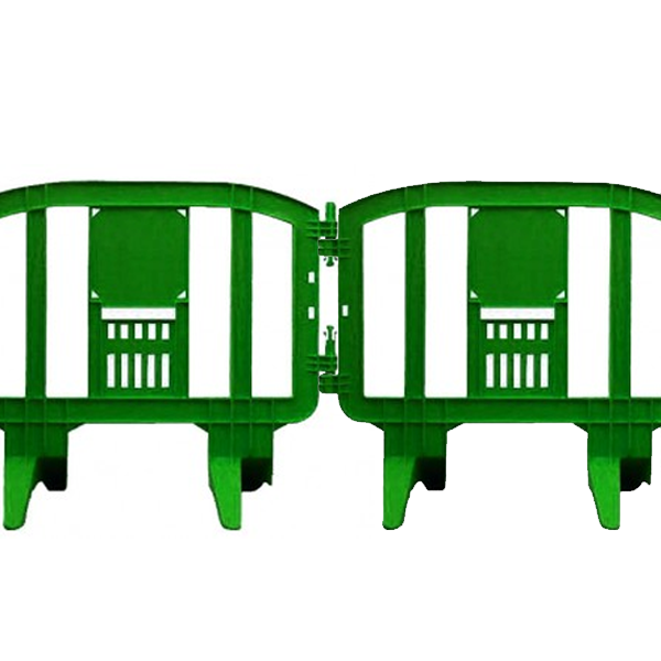 Two connected green Minit plastic barricades
