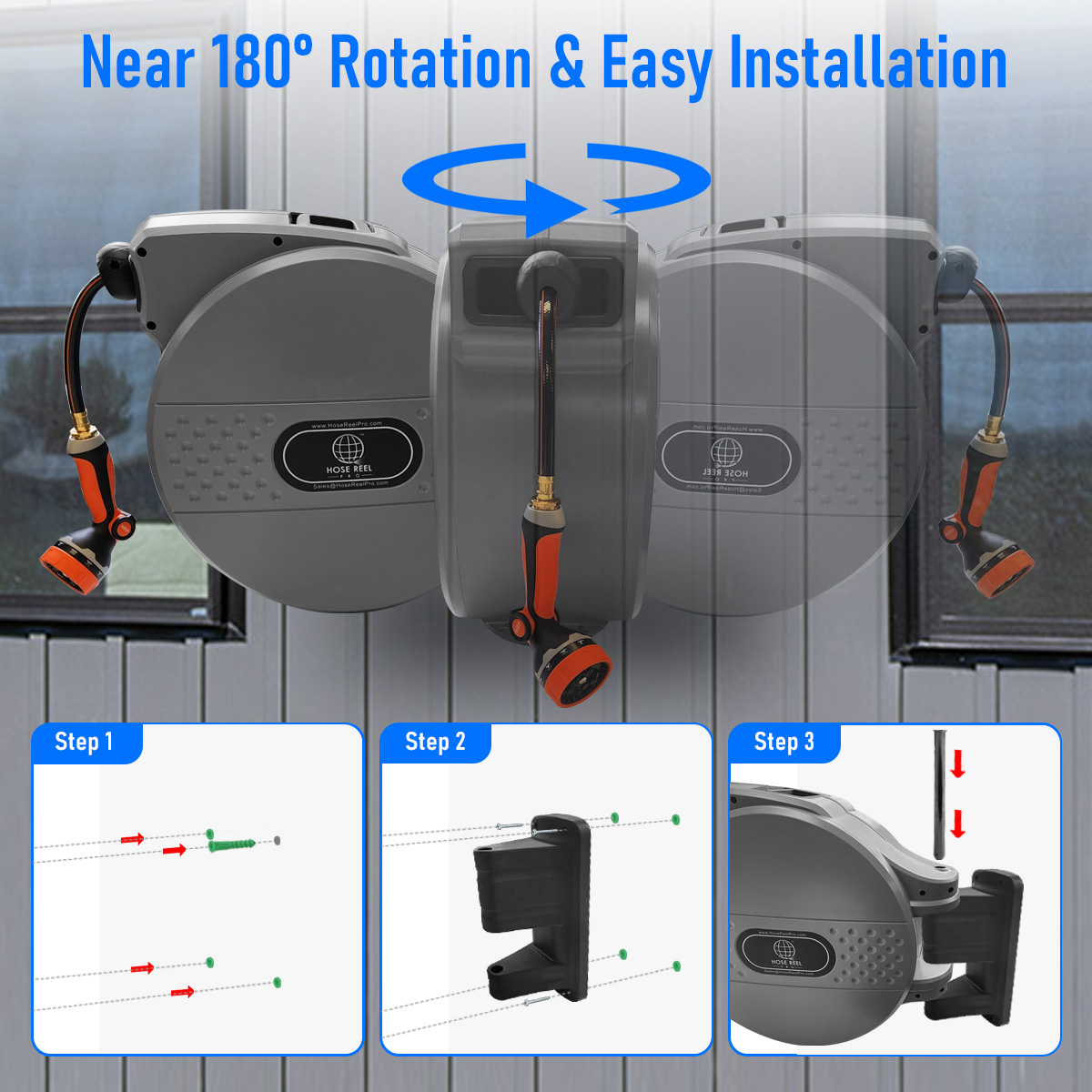 near 180 degree swivel for 100ft hose reel