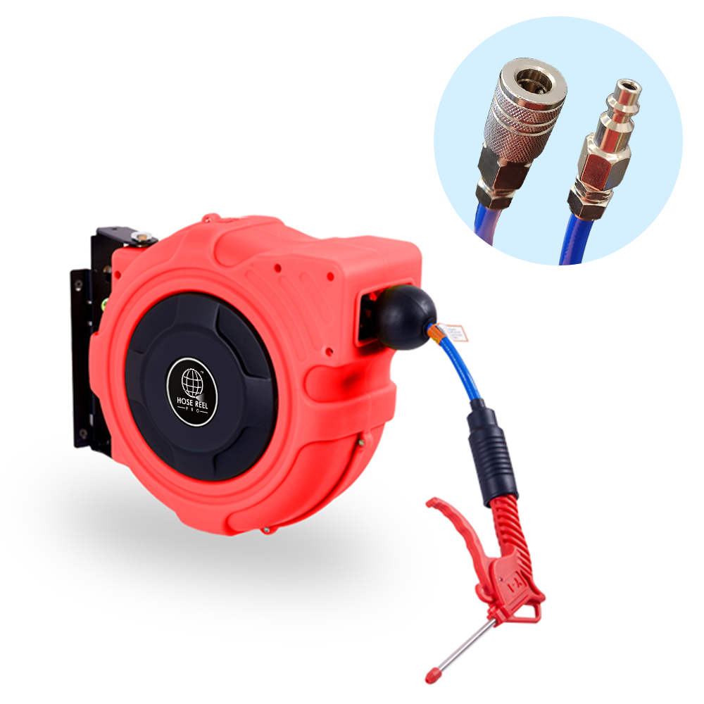 Red retracting air hose reel