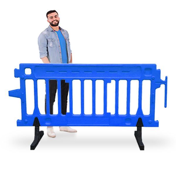 Blue Plastic Barricade with guy standing behind it