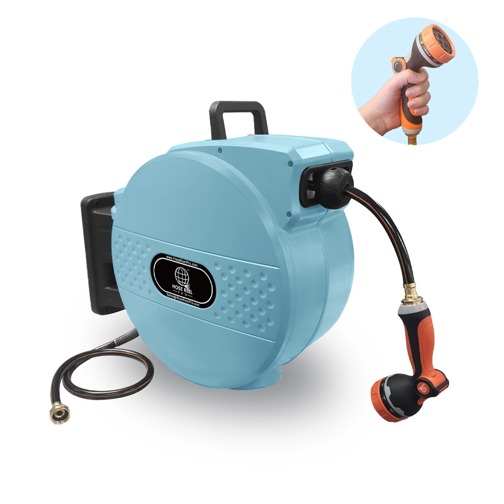blue garden hose reel