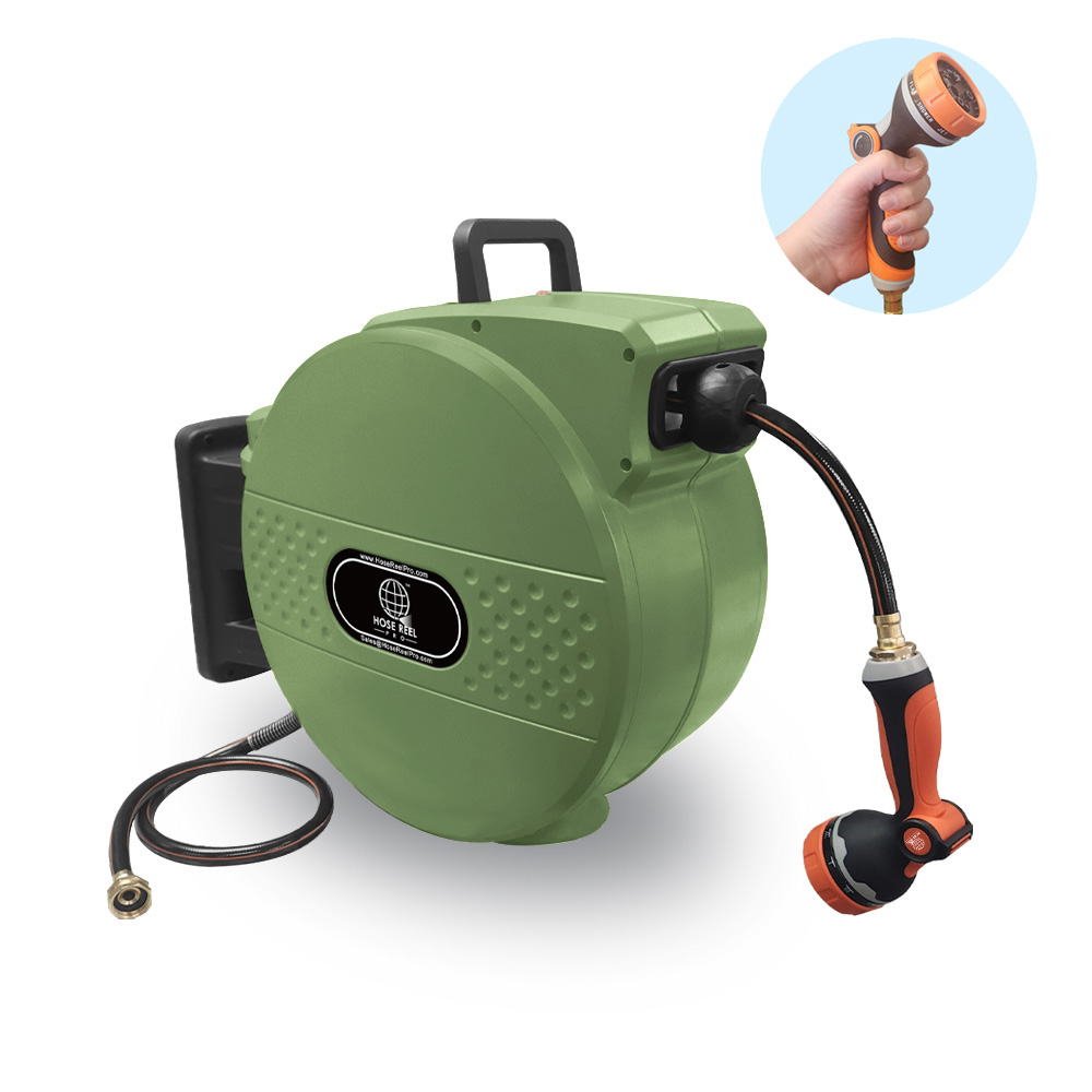 Green garden hose reel